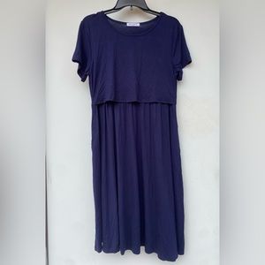 Smallshow Blousy Front navy Blue Midi Dress modest short sleeve medium